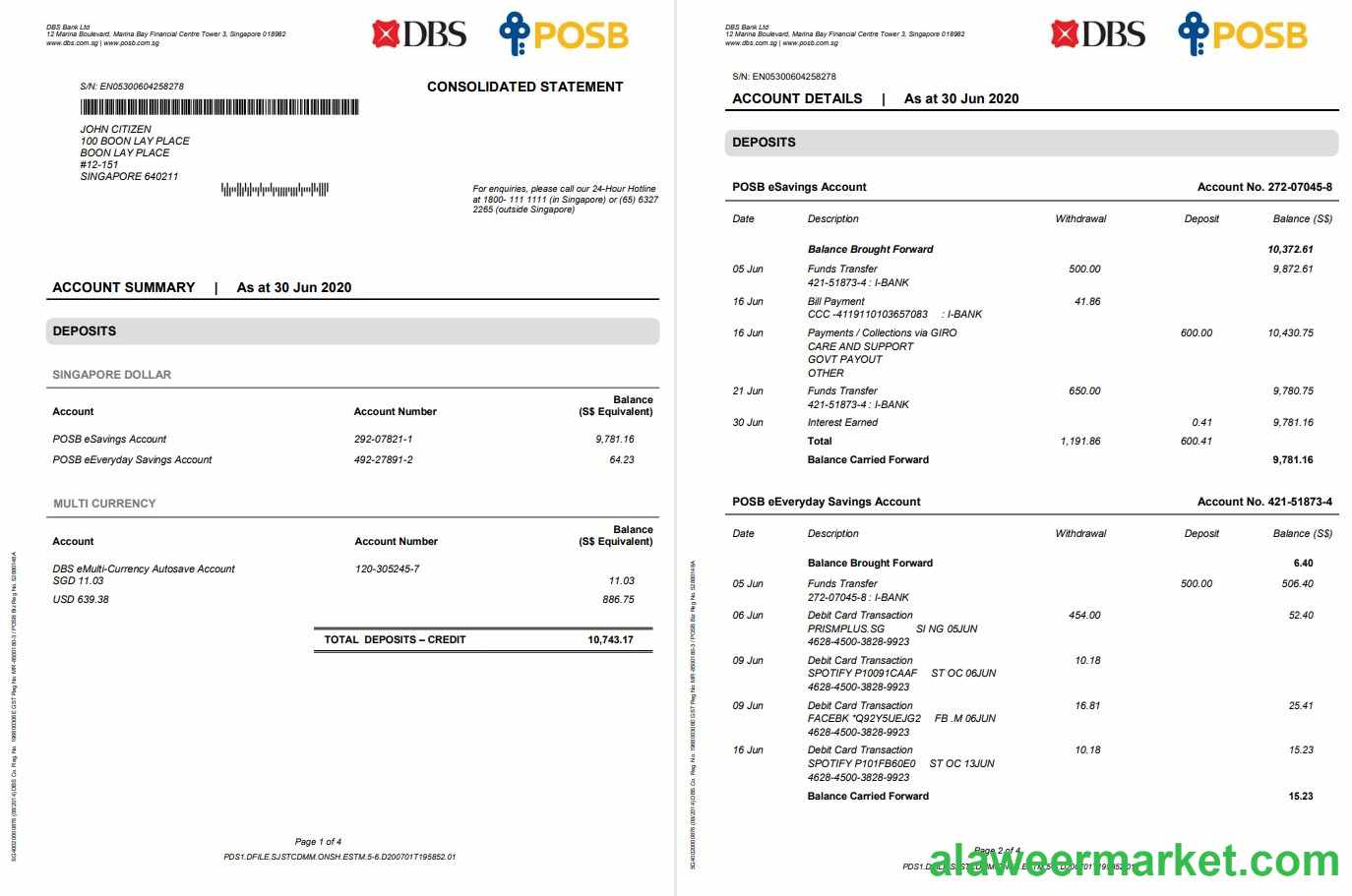 Singapore DBS bank proof of address statement template in Word and PDF format, 4 pages